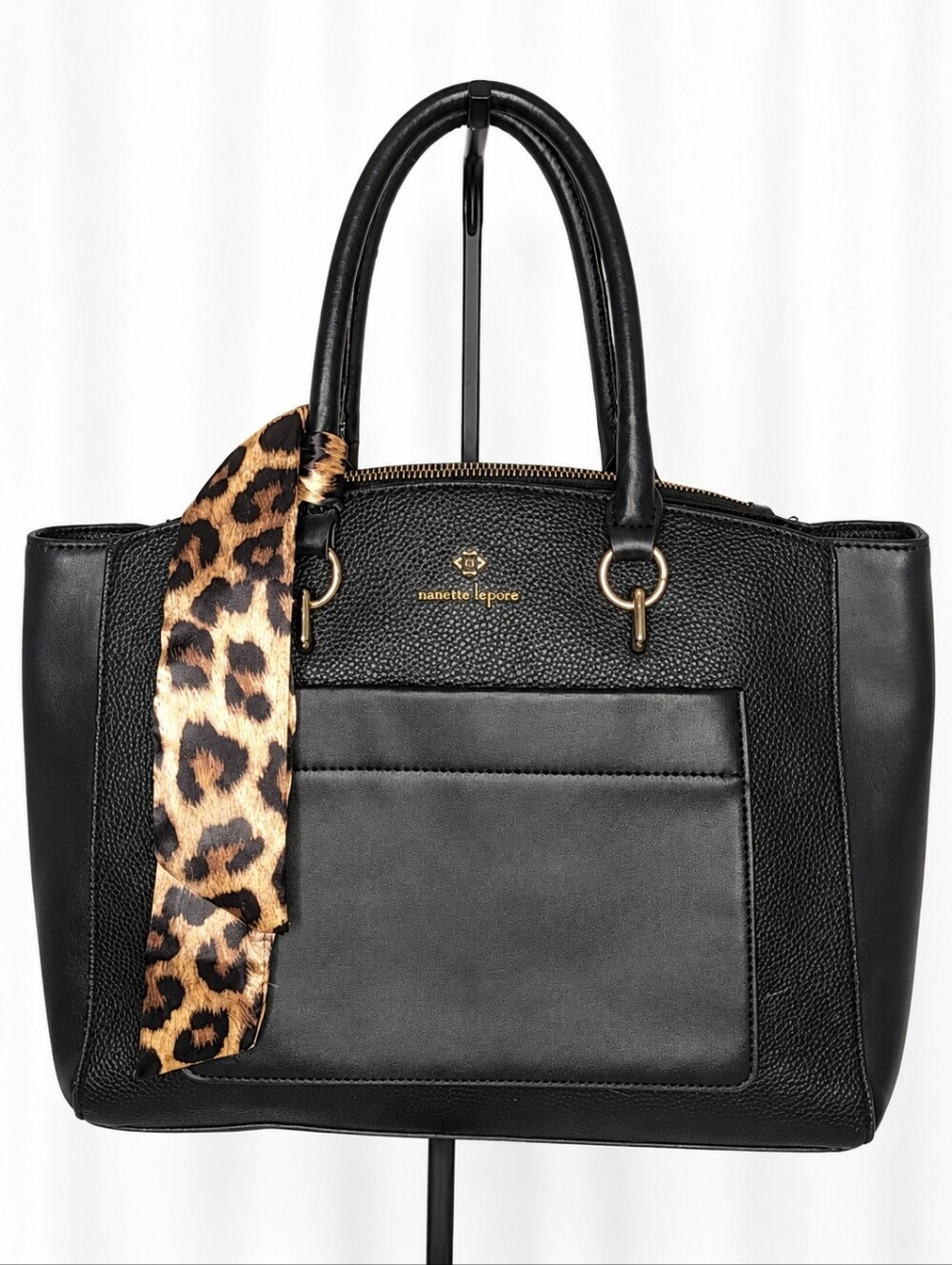 👜 Nanette Lepore Black Pebbled Leather Tote Bag w/ Leopard Accent